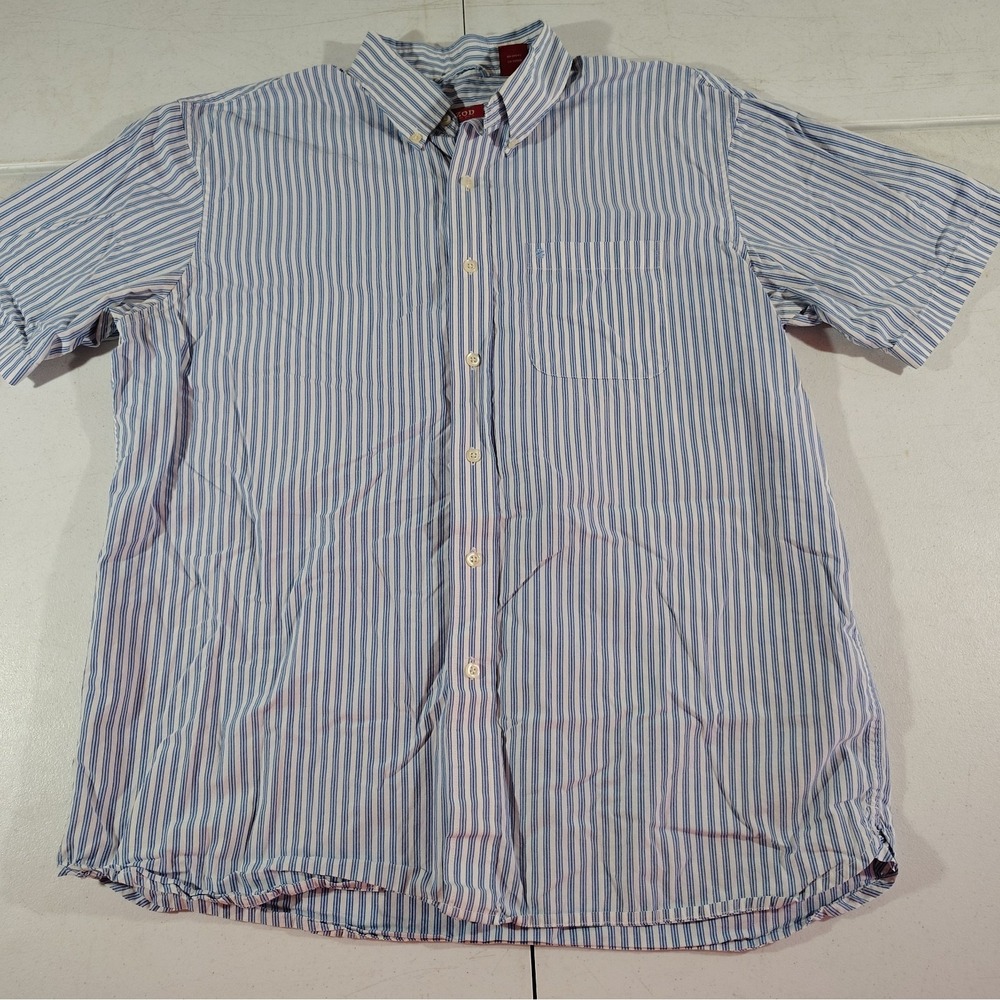 Izod Shirt Men L Blue/White Stripe Office Work Dad Nerd College Short Sleeve